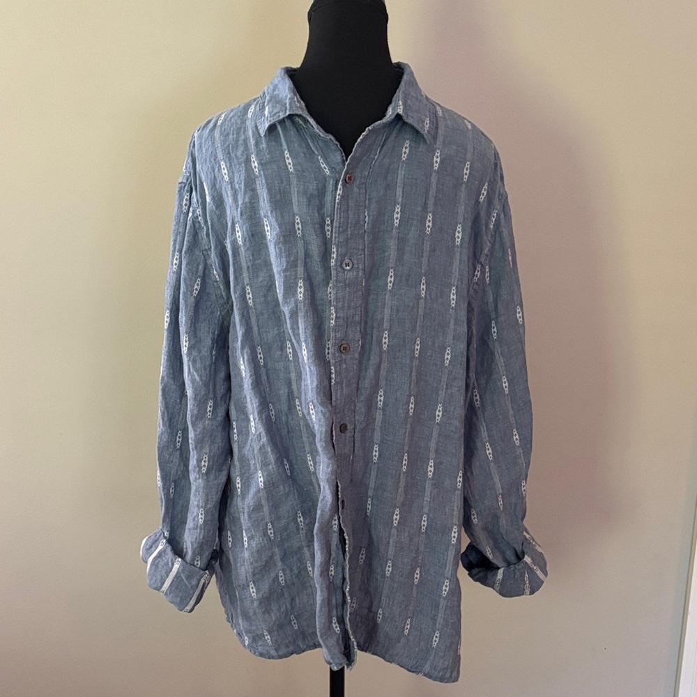 Banana Republic linen cotton long sleeve resort shirt blue white size XL